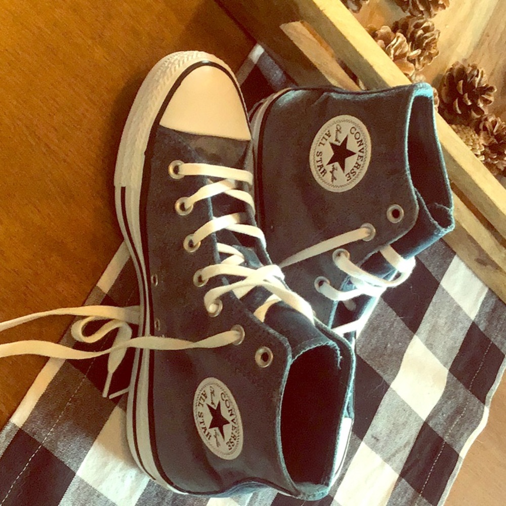 Teal velvety high top converse